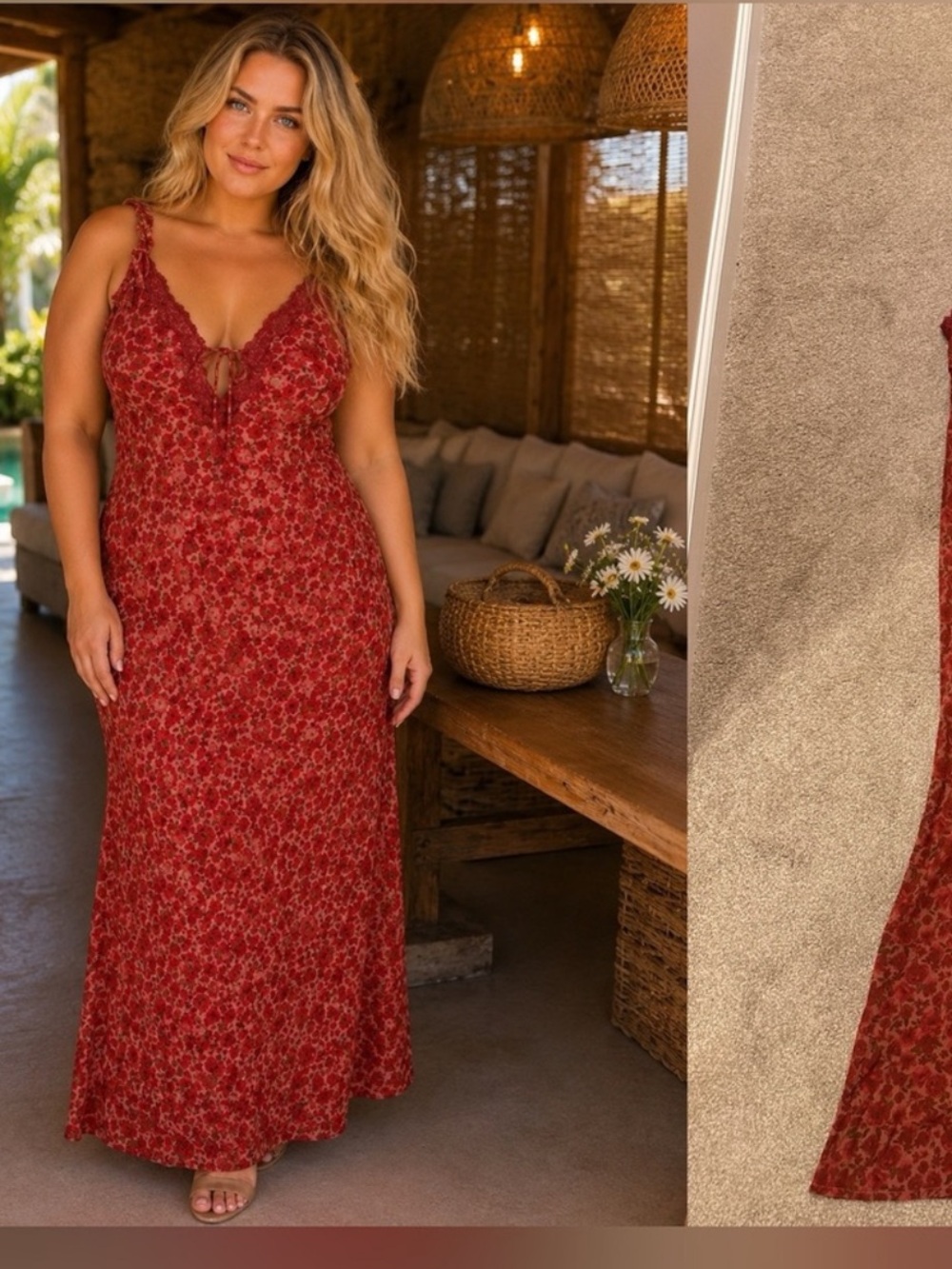 wild fable Red Floral Maxi Dress with Lace Straps